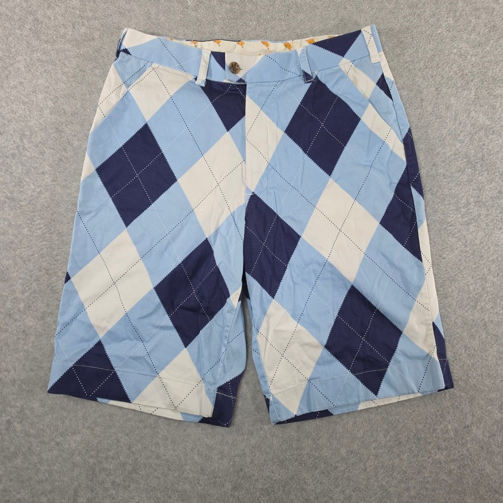 Loudmouth Golf Shorts Mens 34 Blue Navy White Argyle Plaid Flat Front Casual